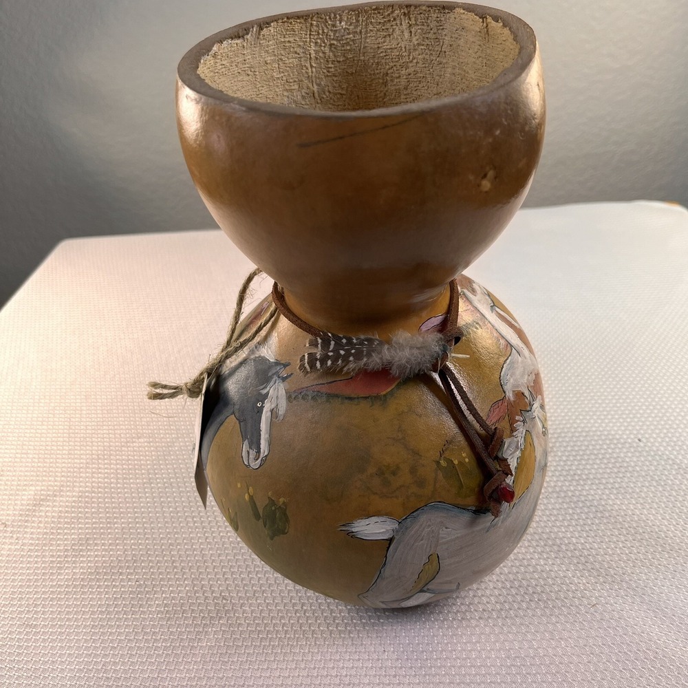 Hand Painted Horse Heads Gourd Art Pot Vase, Signed 10" tall - Picture 6 of 11